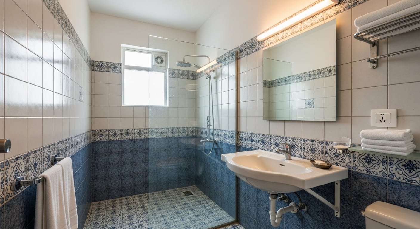 Standard Bathroom Renovation DHA Karachi with local tiles and fittings