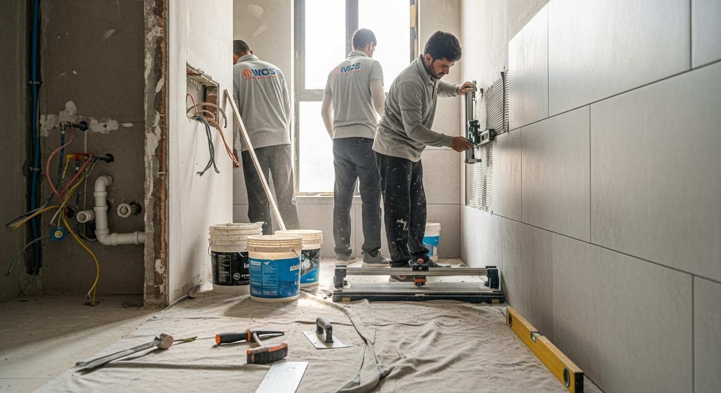 Bathroom contractor installing tiles in a DHA Karachi renovation project