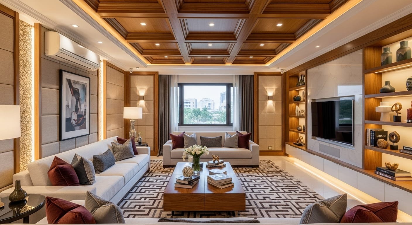 wooden ceiling and wall paneling DHA Karachi home