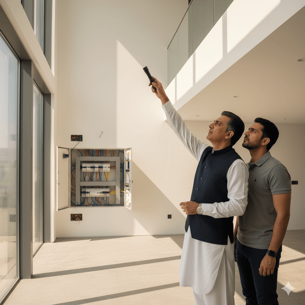 Buyer inspecting DHA house construction quality