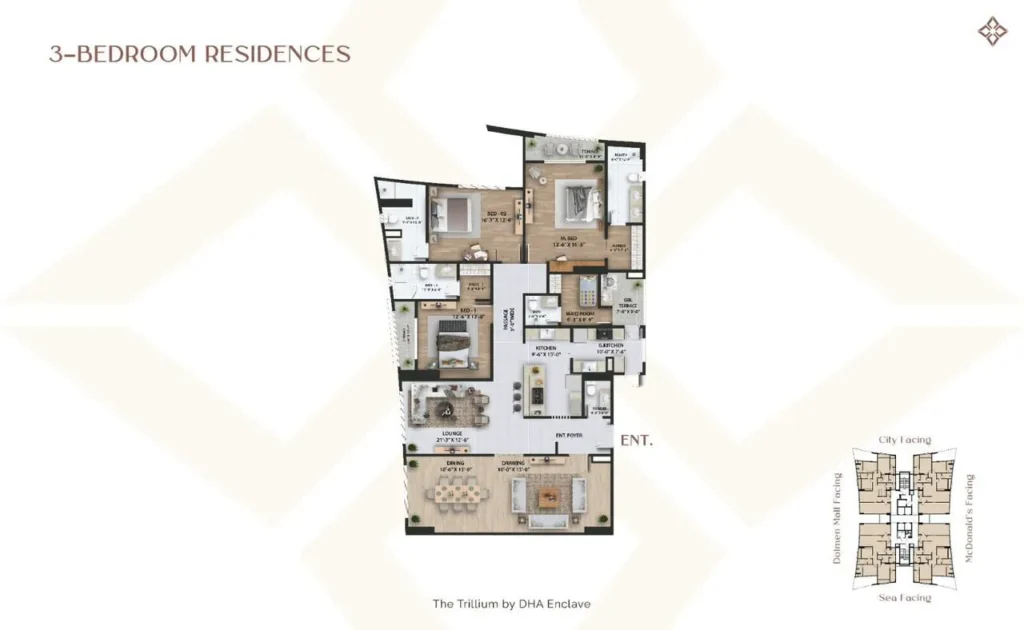 The Trillium Towers standard three-bedroom apartment floor plan