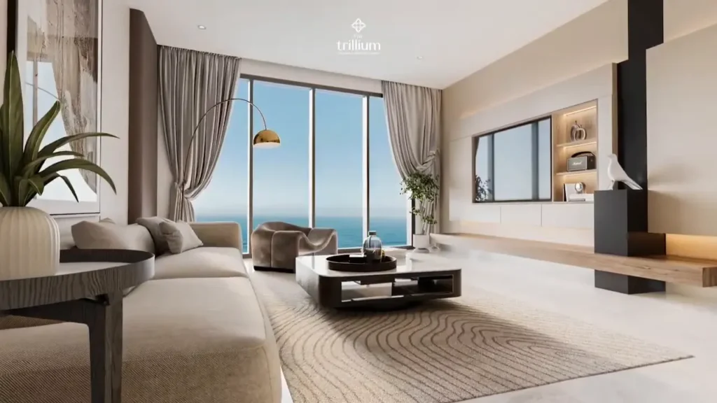 Two-bedroom apartment living room at The Trillium Towers
