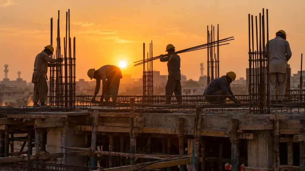 Builders silhouetted at sunset on a residential construction site