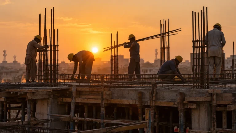 Builders silhouetted at sunset on a residential construction site