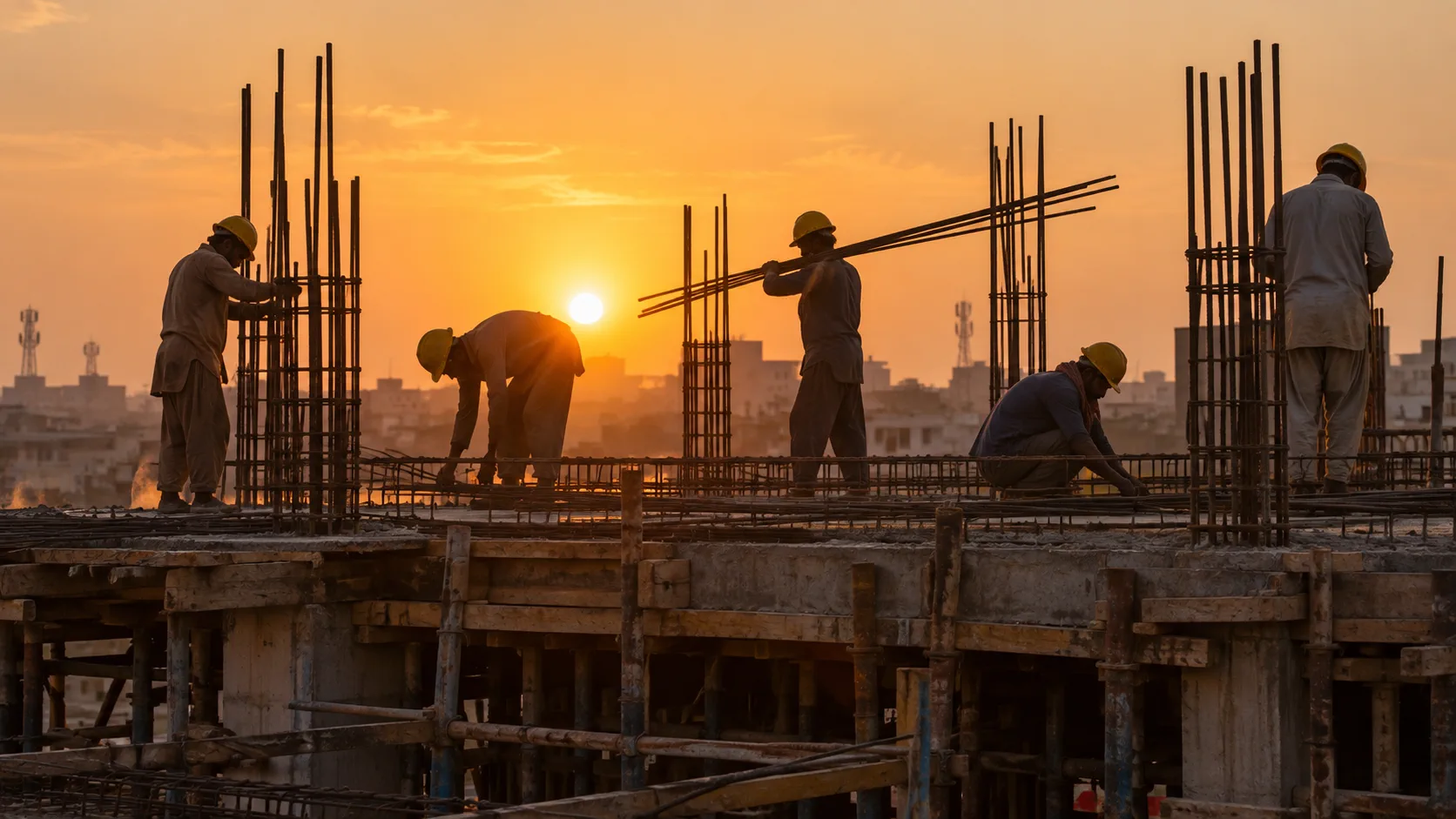 Builders silhouetted at sunset on a residential construction site
